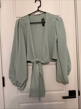 Altar'd State Sage Green Tie-Front Puff Sleeve Blouse